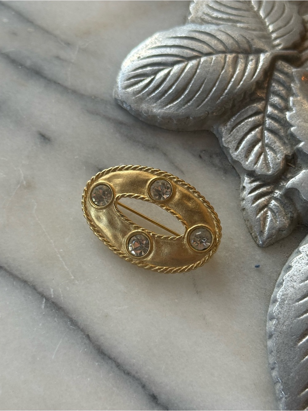 Gold-Tone Oval Pin Brooch with Clear Crystals - Women Jewelry